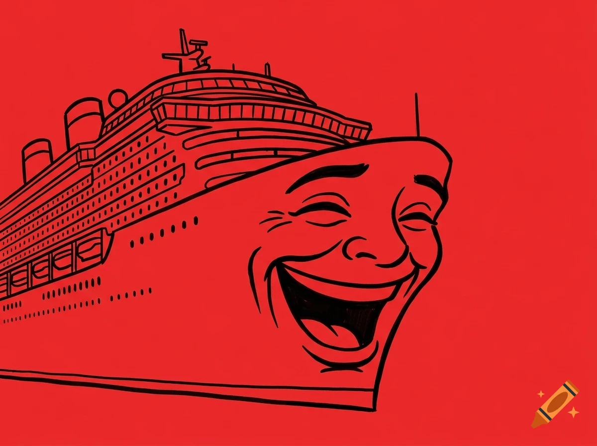 An illustration of a cruise ship with a large laughing face on its bow against a solid red background.