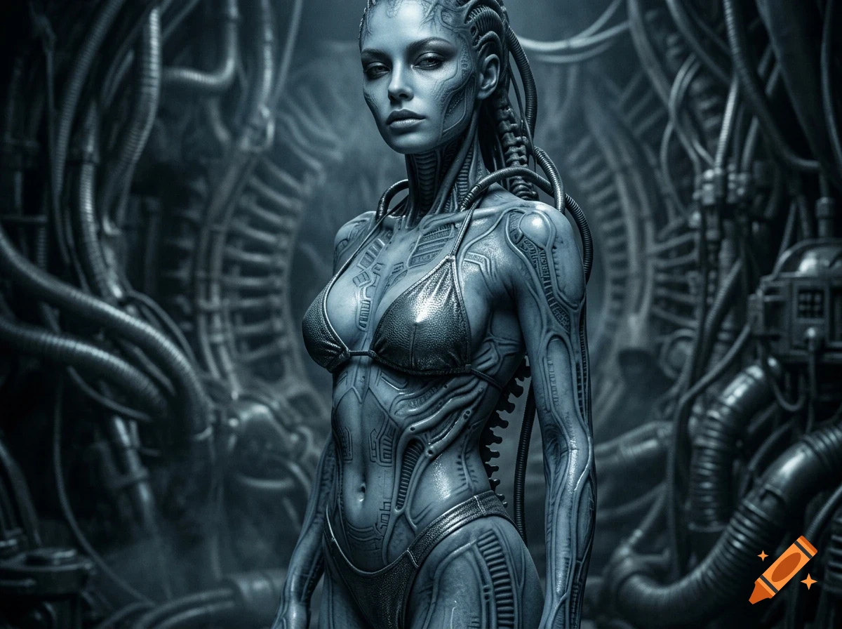 A cybernetic female figure with biomechanical body modifications and tubing stands inside a futuristic interior with pipes.