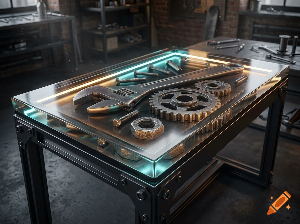 A metal workbench with a glass top encasing tools like a wrench, gears, and bolts, illuminated by internal LED lights inside a workshop.