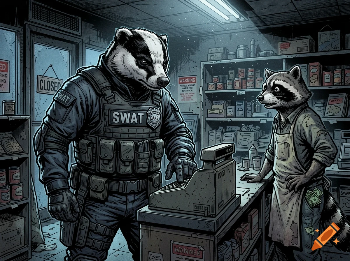 An anthropomorphic badger in SWAT gear at a cash register while a raccoon shopkeeper looks on.