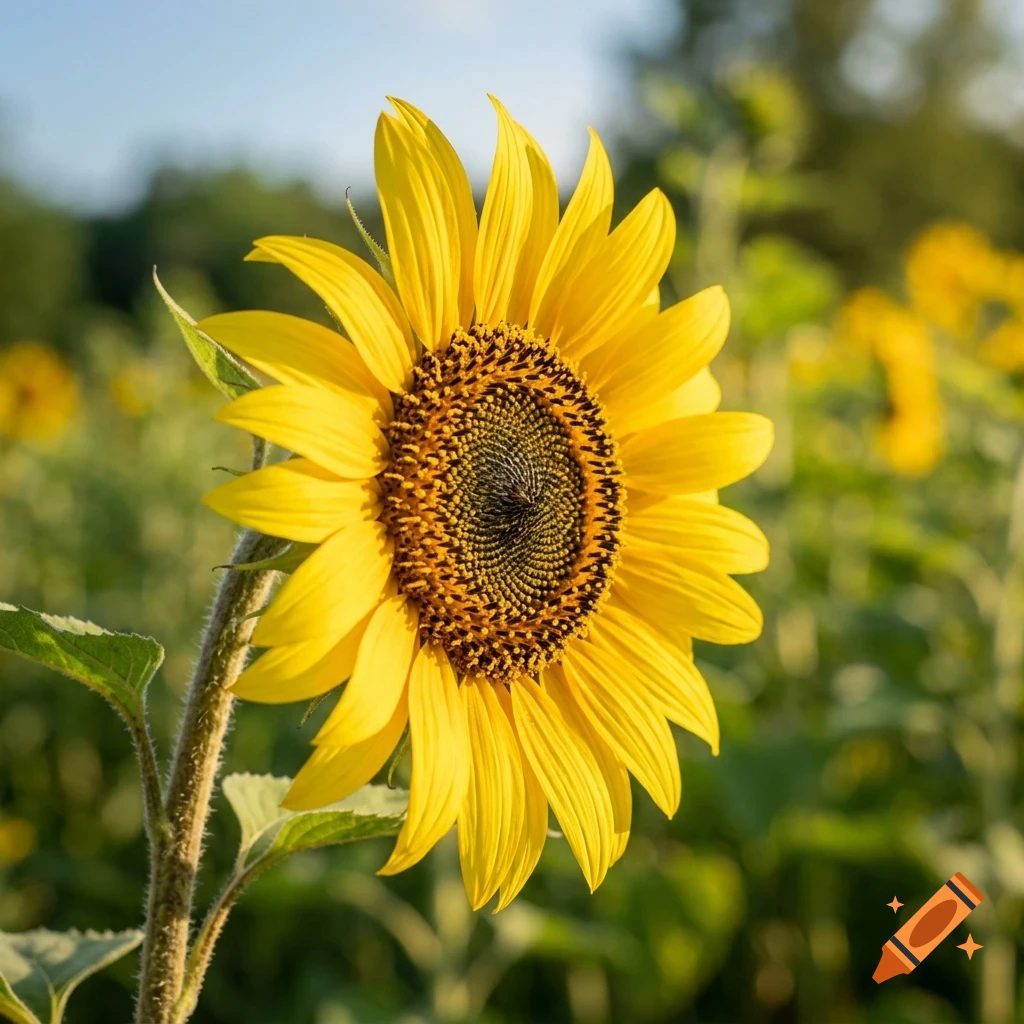 Close-up photograph of a vibrant yellow sunflower in full bloom against a blurred background of green foliage and other sunflowers.