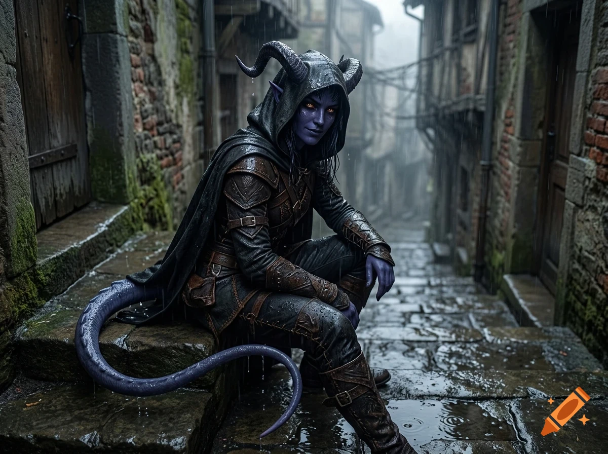 A horned, purple-skinned fantasy character in leather armor sits crouched on stone steps in a rainy, narrow medieval street.