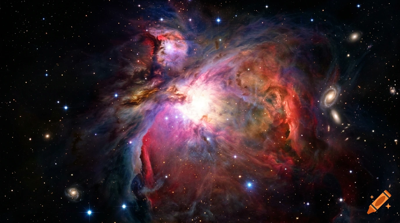 A breathtaking celestial landscape featuring a vibrant nebula, glowing galaxies, and countless twinkling stars in deep space.