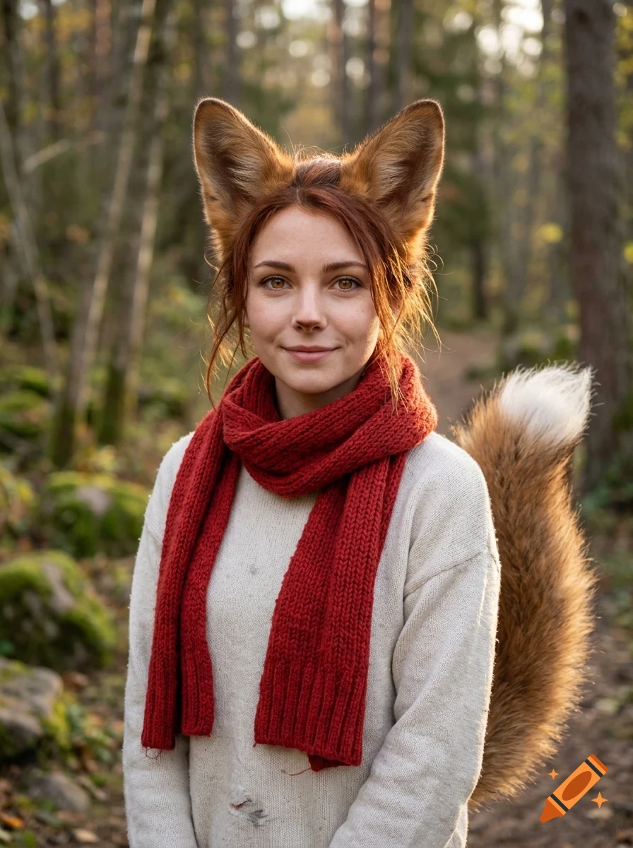 A portrait of a young woman with fox ears and a fluffy tail, wearing a red scarf and white sweater in a forest.