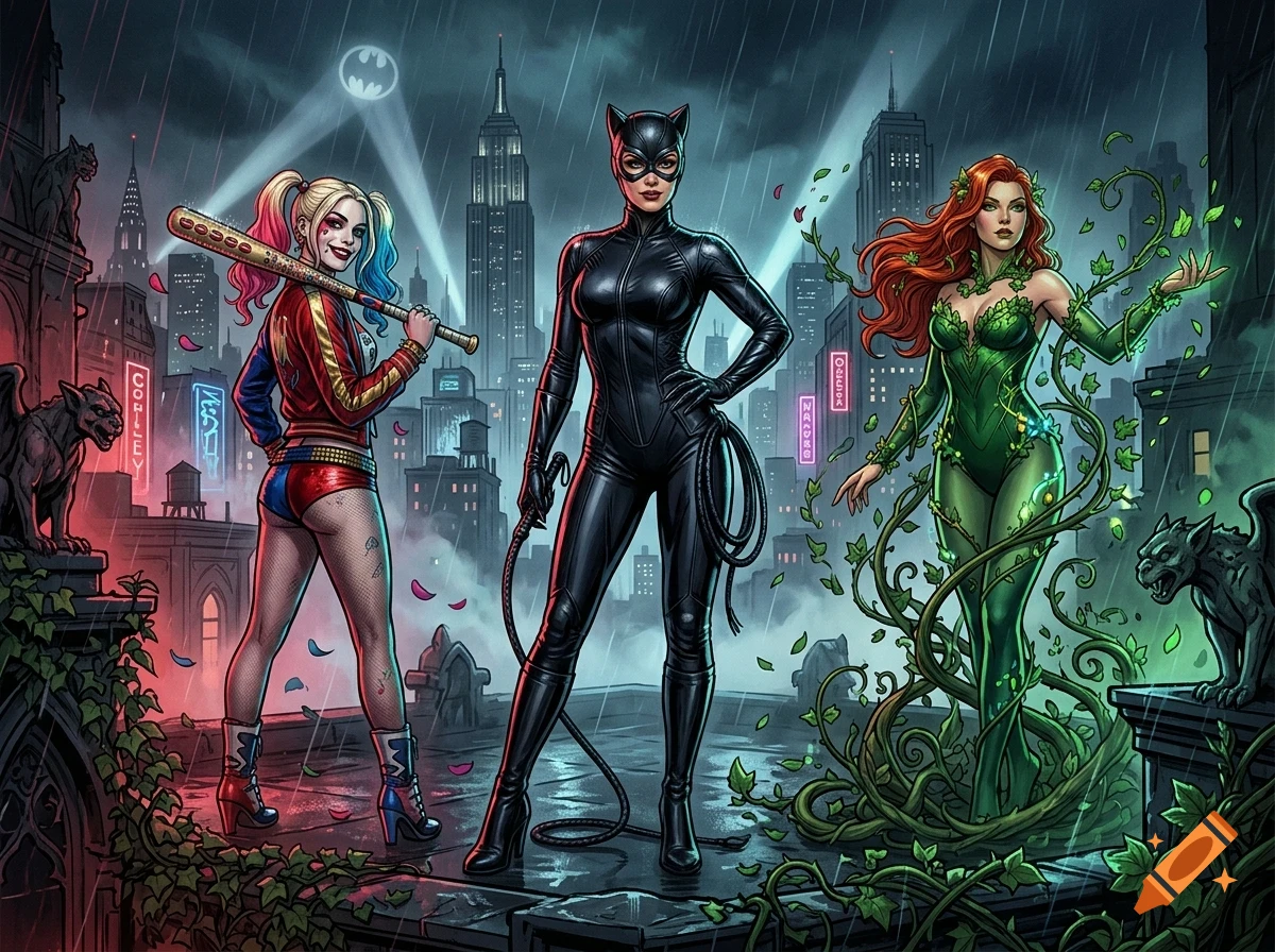 Harley Quinn, Catwoman, and Poison Ivy stand together on a rainy city rooftop at night with skyscrapers and a bat-signal in the background.