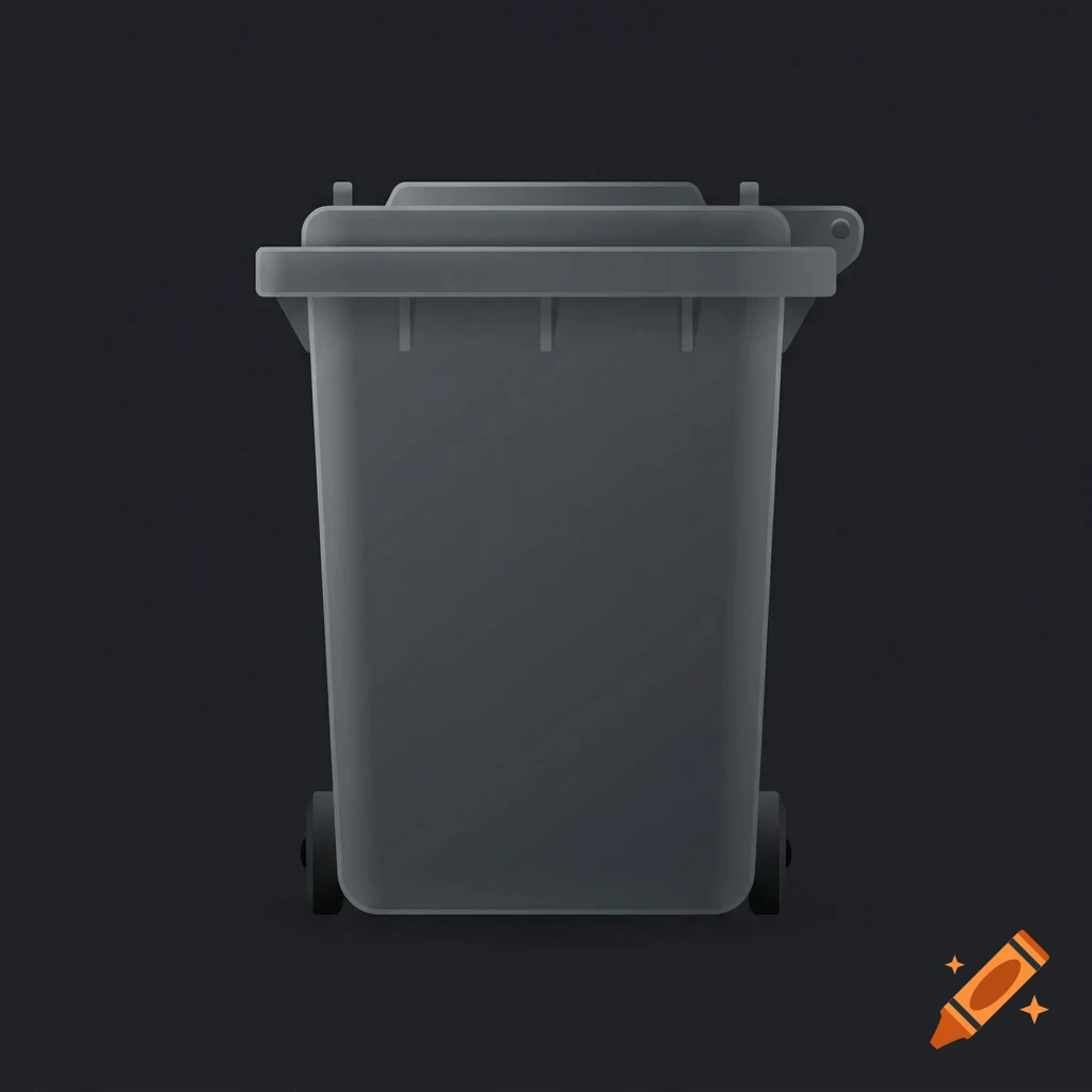 A gray wheelie bin rendered in a 3D style against a dark background.