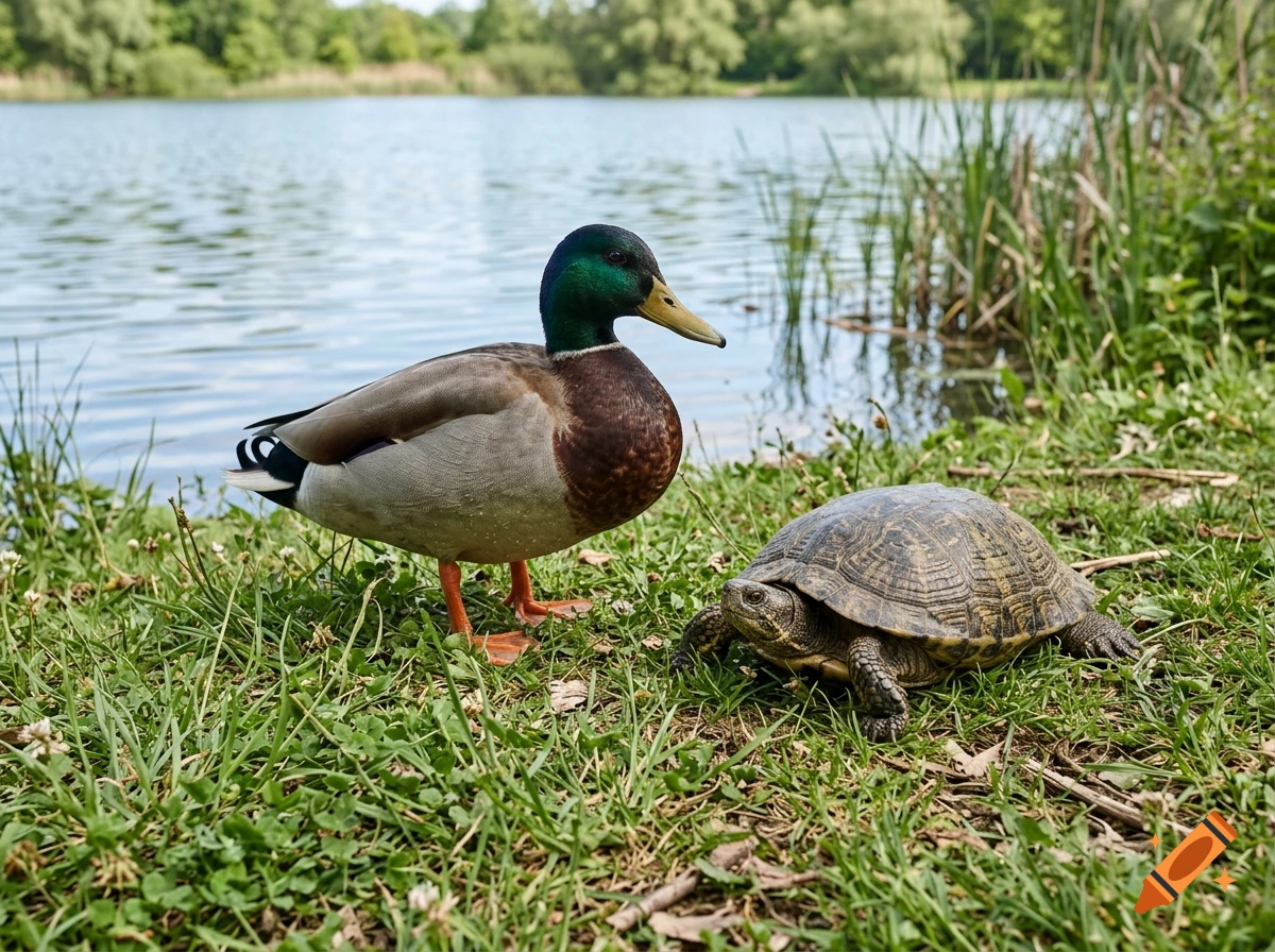 A mallard duck and a turtle stand together on the grassy shore of a calm lake in a photorealistic style.