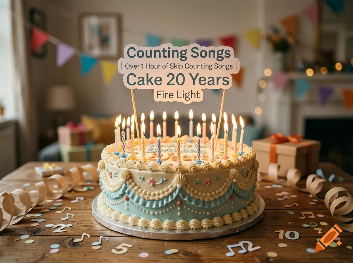 A decorated birthday cake with lit candles and a cake topper sits on a wooden table, surrounded by confetti and streamers.