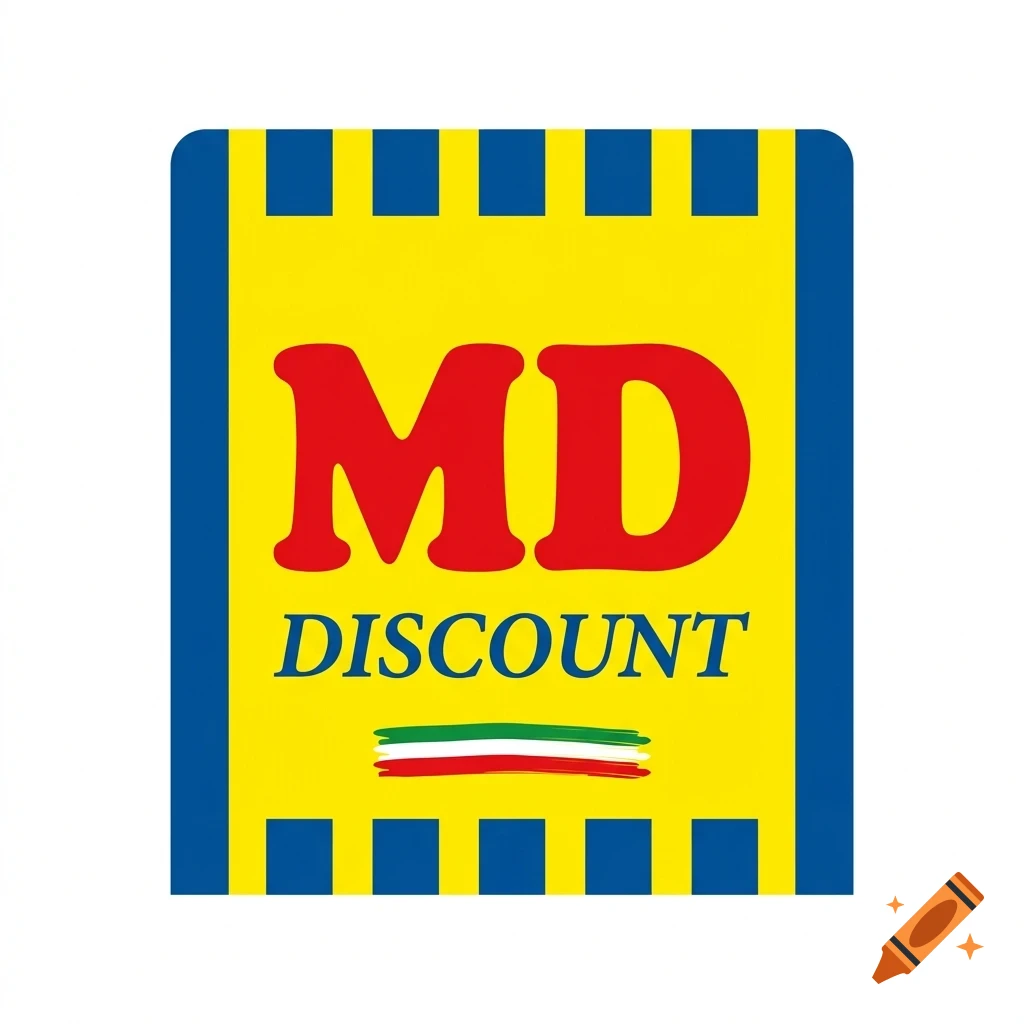 The logo for MD Discount, featuring large red letters 'MD' and the word 'DISCOUNT' underneath on a yellow background framed by blue stripes.