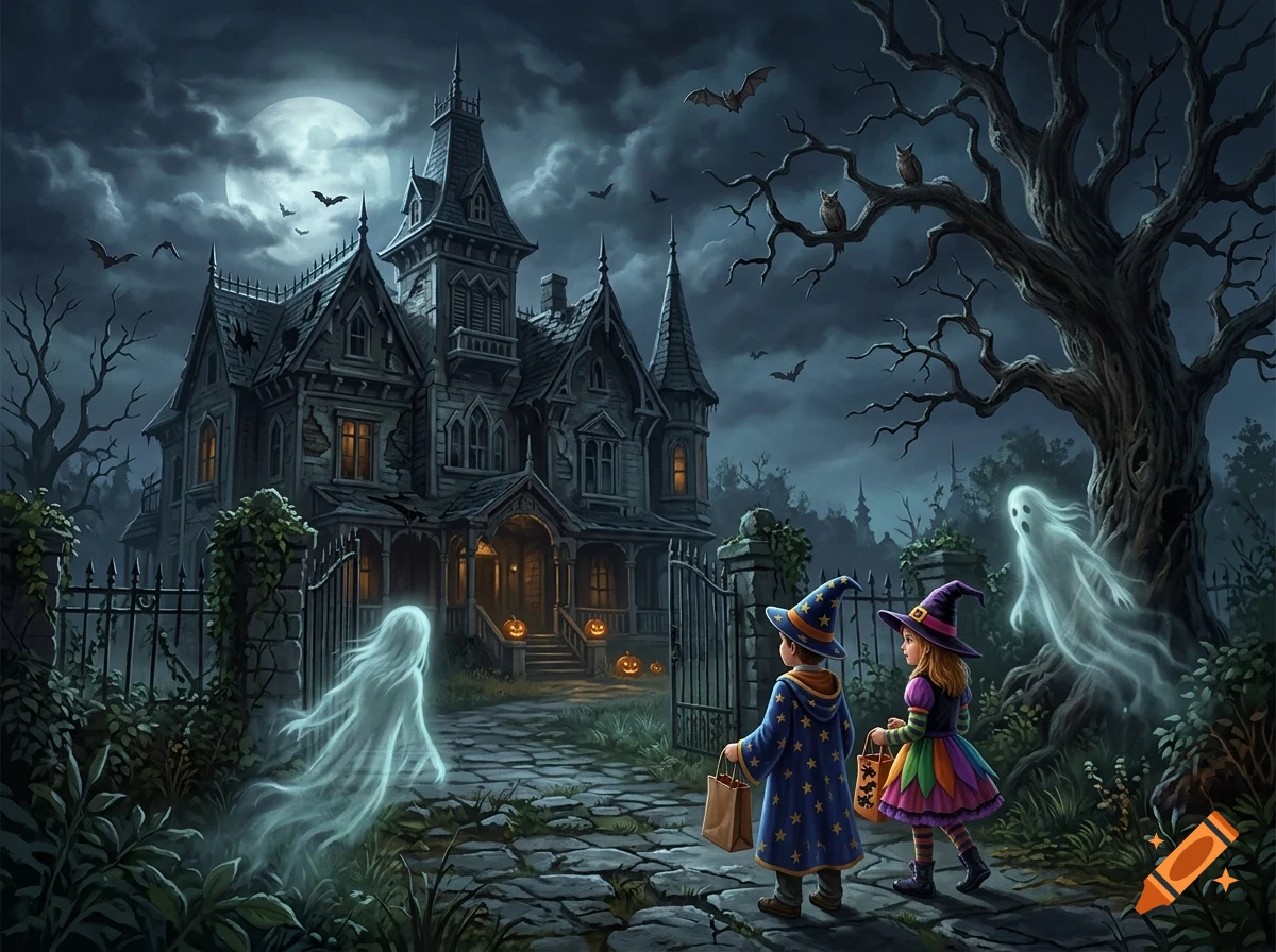 Two children in Halloween costumes approaching a haunted mansion under a full moon, accompanied by friendly ghosts, bats, and owls.