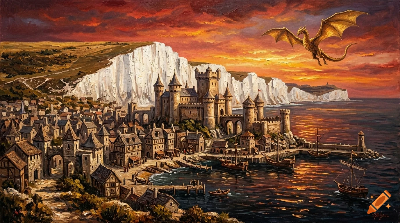 An oil painting of a medieval coastal town with a large castle, white cliffs, and a golden dragon flying in the sunset sky.