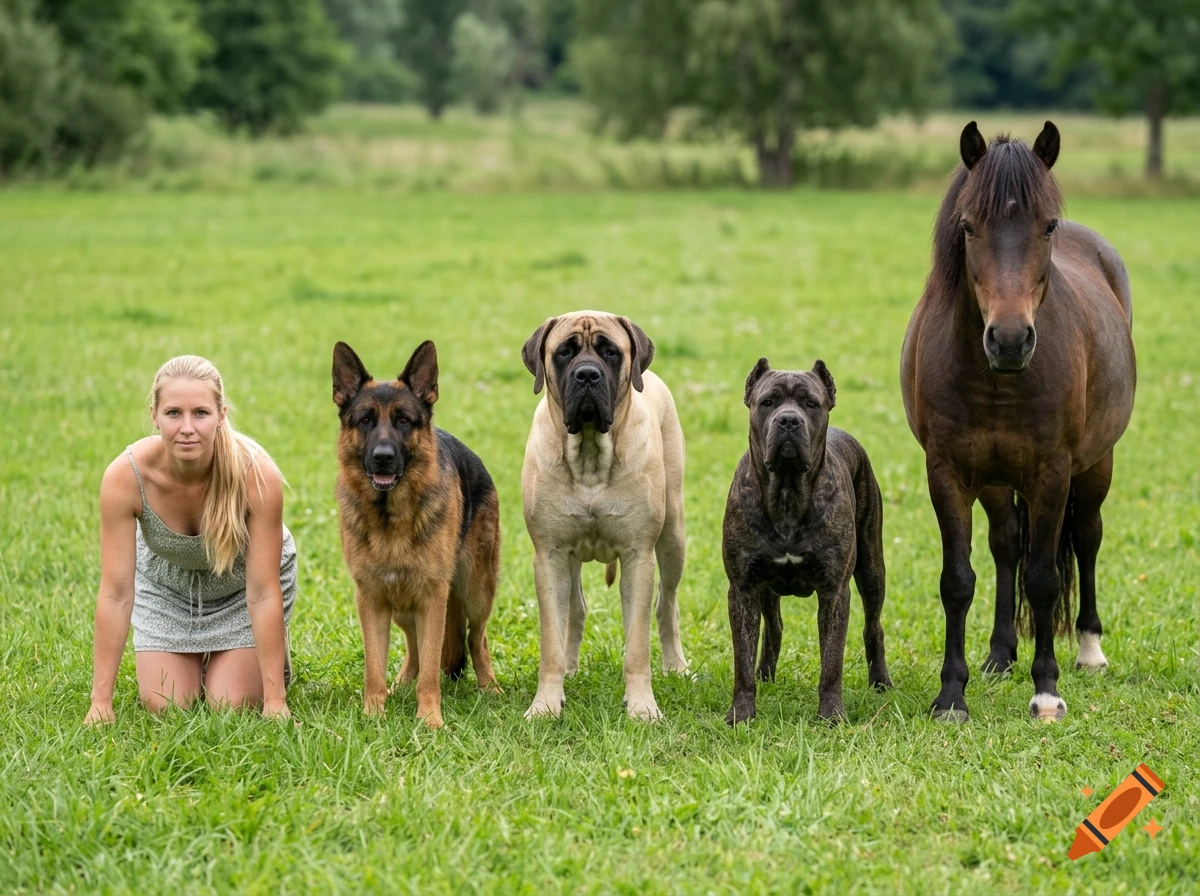A blonde woman kneeling next to a German Shepherd, a Mastiff, a Cane Corso, and a pony in a grassy field, photorealistic.
