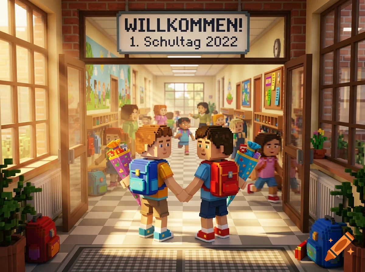 Pixel art style rendering of two children holding hands at the entrance of a school hallway, with a sign above reading Willkommen! 1. Schultag 2022.
