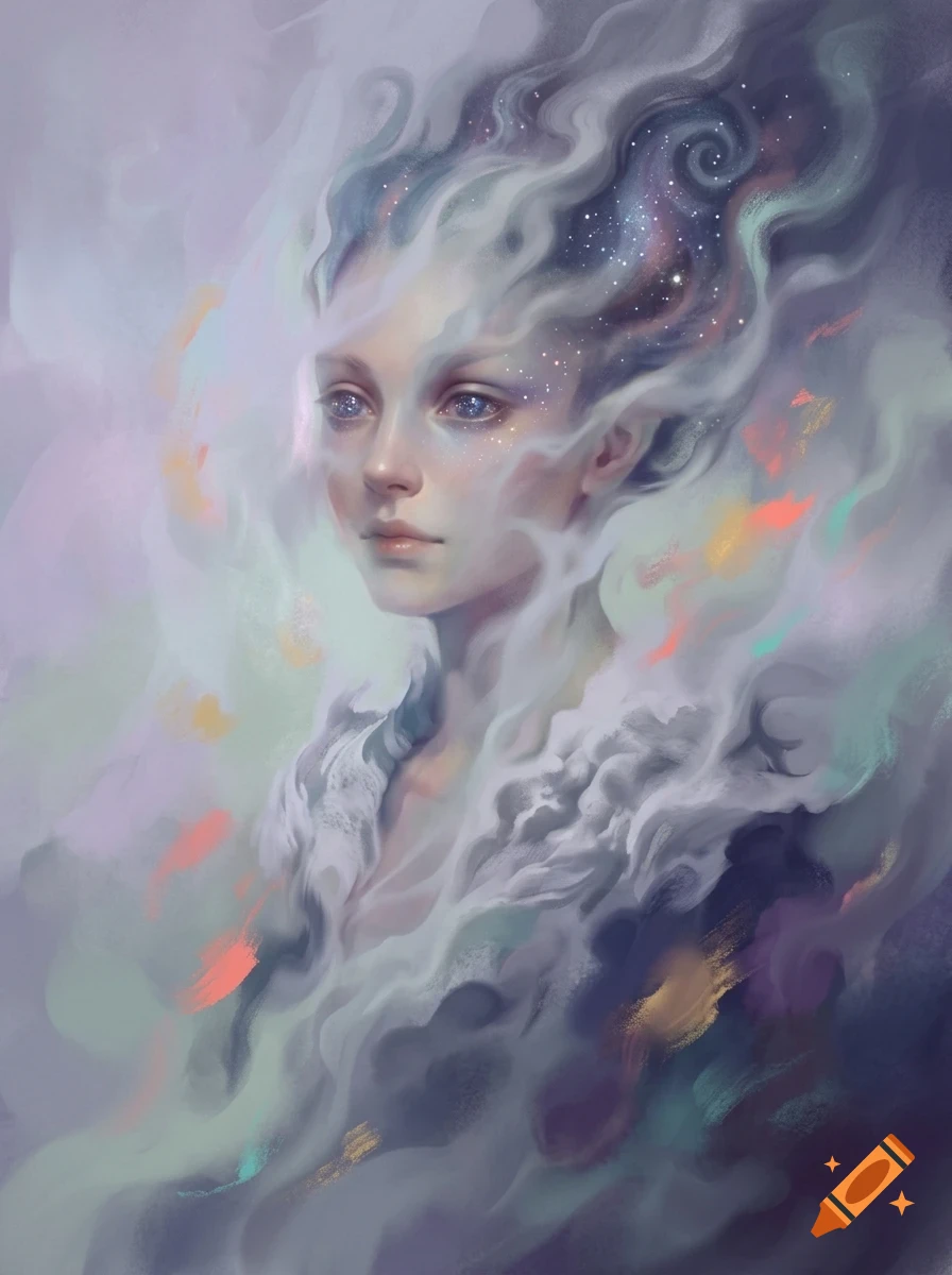 Digital painting of a mystical woman with swirling nebula-like hair and starry skies embedded within her form.