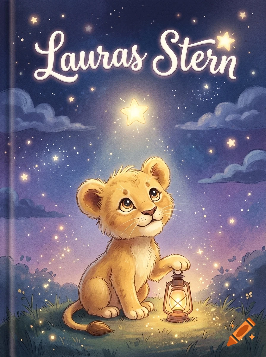 A cute lion cub sitting in a grassy field holding a glowing lantern under a starry night sky with clouds and the text Lauras Stern above.