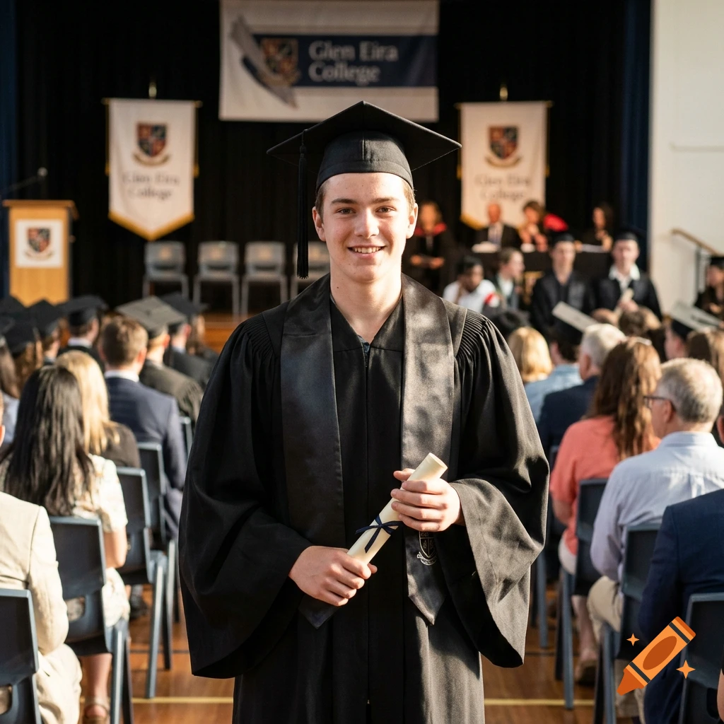 A young male student in graduation cap and gown holding a diploma in a school hall.