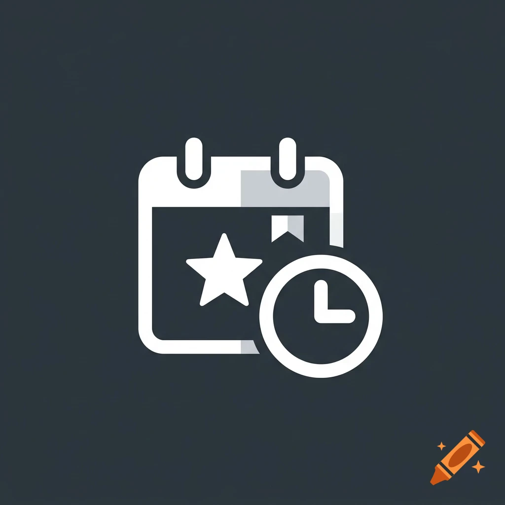 A stylized white icon of a calendar with a star on it and a clock next to it, set against a dark grey background.