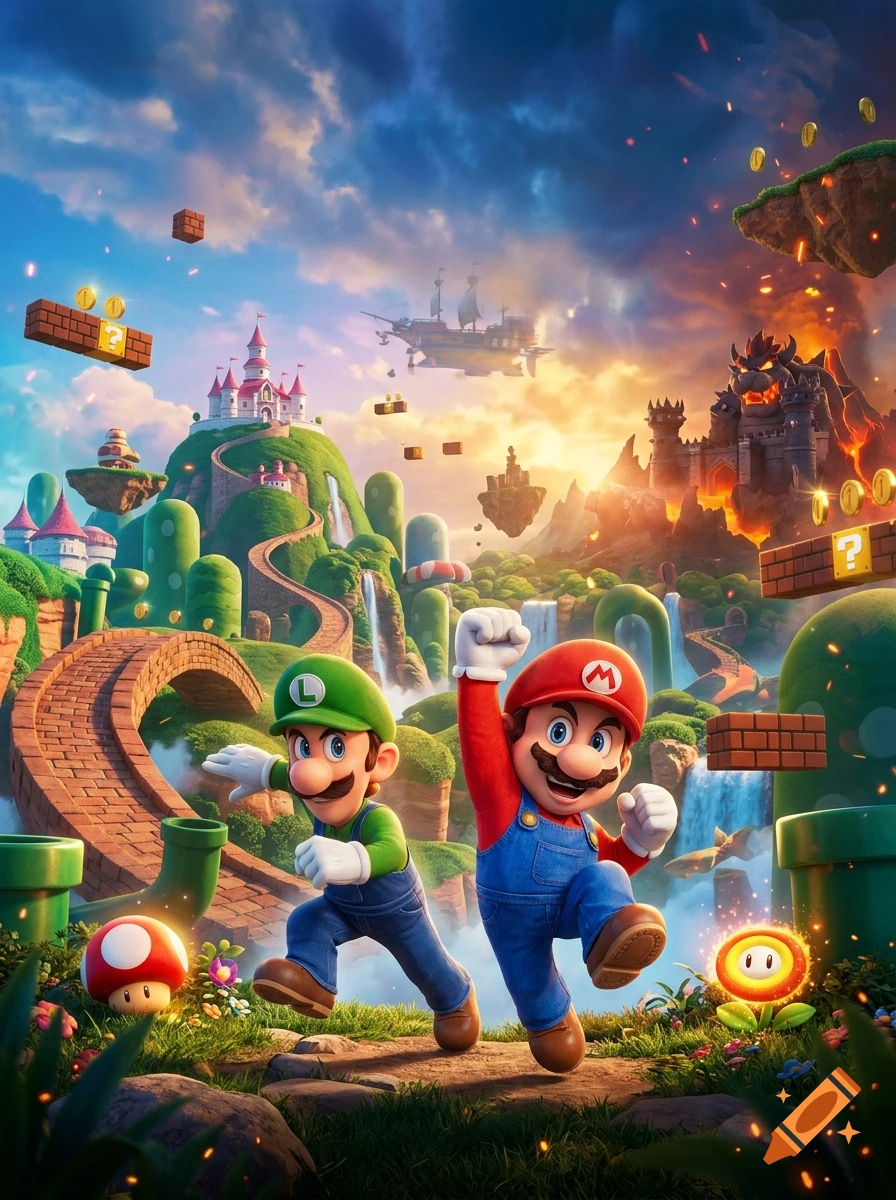 Mario and Luigi jumping joyfully in a vibrant, detailed Mushroom Kingdom landscape with castle and airship in the background.