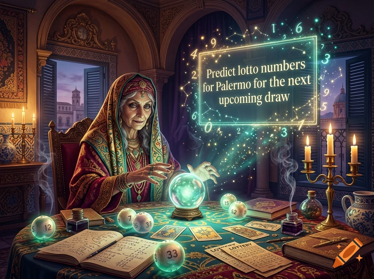 An elderly fortune teller in traditional clothing sits at a table with a glowing crystal ball, tarot cards, books, and lottery balls in an ornate room.