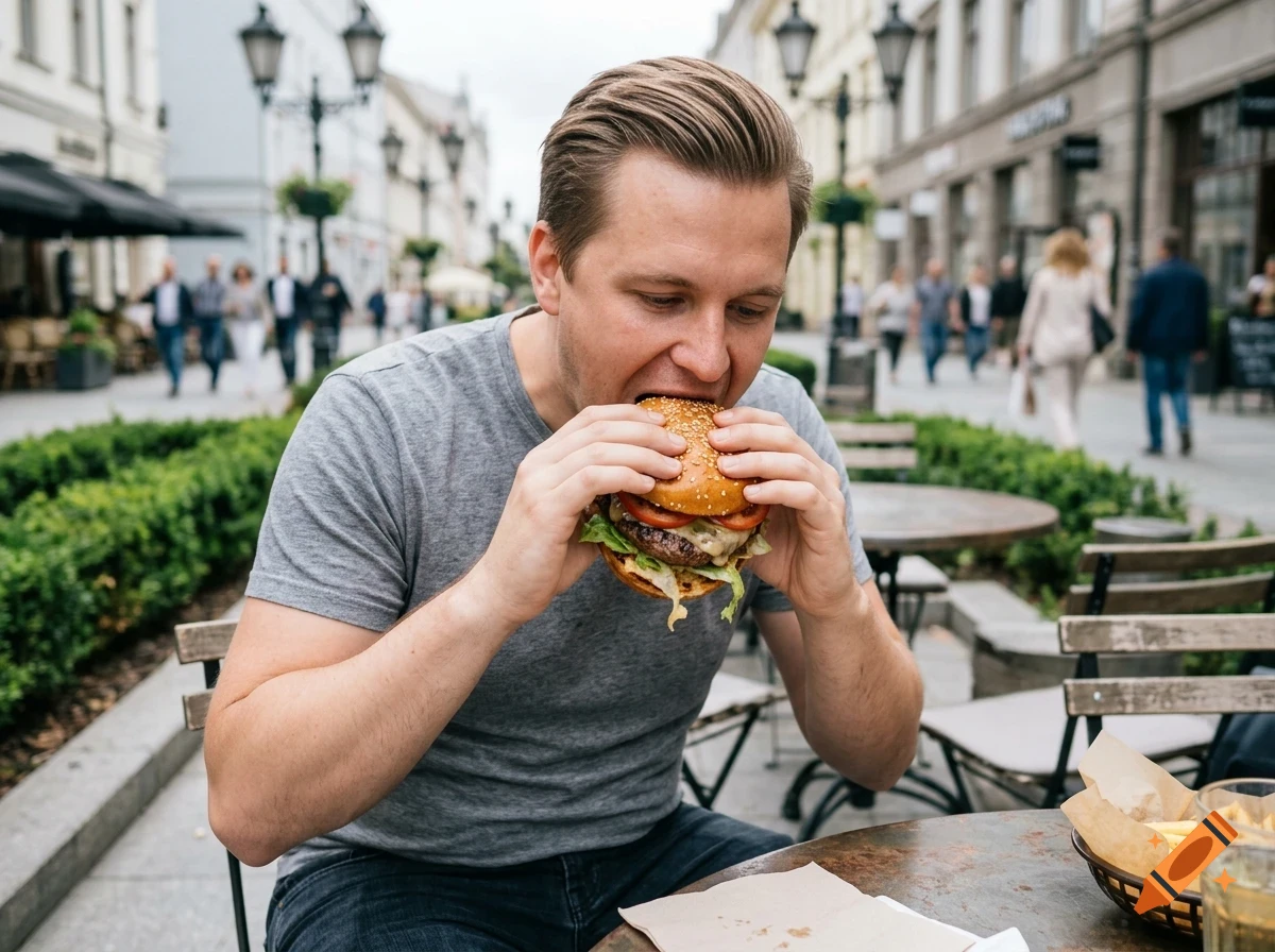 A man in a grey t-shirt sits at an outdoor café table on a city street, eagerly taking a bite of a large hamburger.