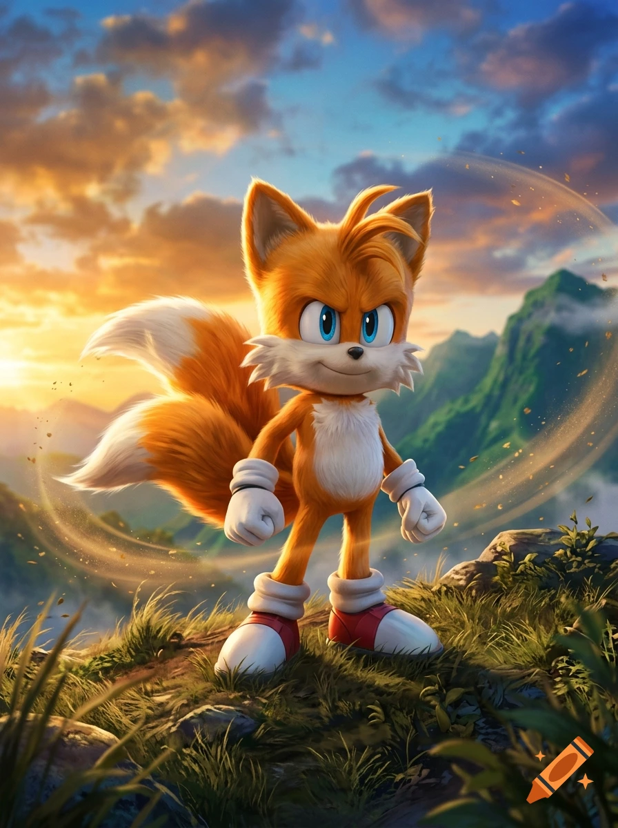 Tails from Sonic the Hedgehog stands on a grassy hilltop at sunset, with mountains and a cloudy sky in the background.