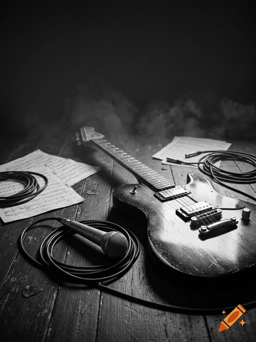 A black and white still life photograph featuring an electric guitar, microphone, sheet music, and coiled cables on a wooden floor.