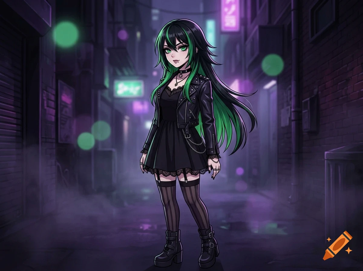 An anime-style digital illustration of a young woman with long black and green hair, wearing a black leather jacket, dress, and boots, standing in a dark, neon-lit alleyway.
