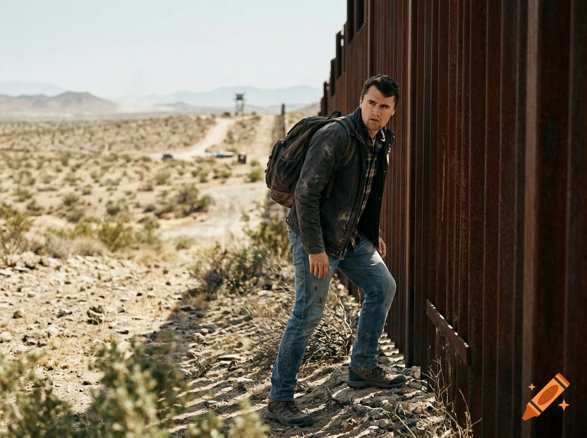 Photorealistic image of a man resembling Charlie Kirk with a backpack walking alongside a border wall in a desert landscape.