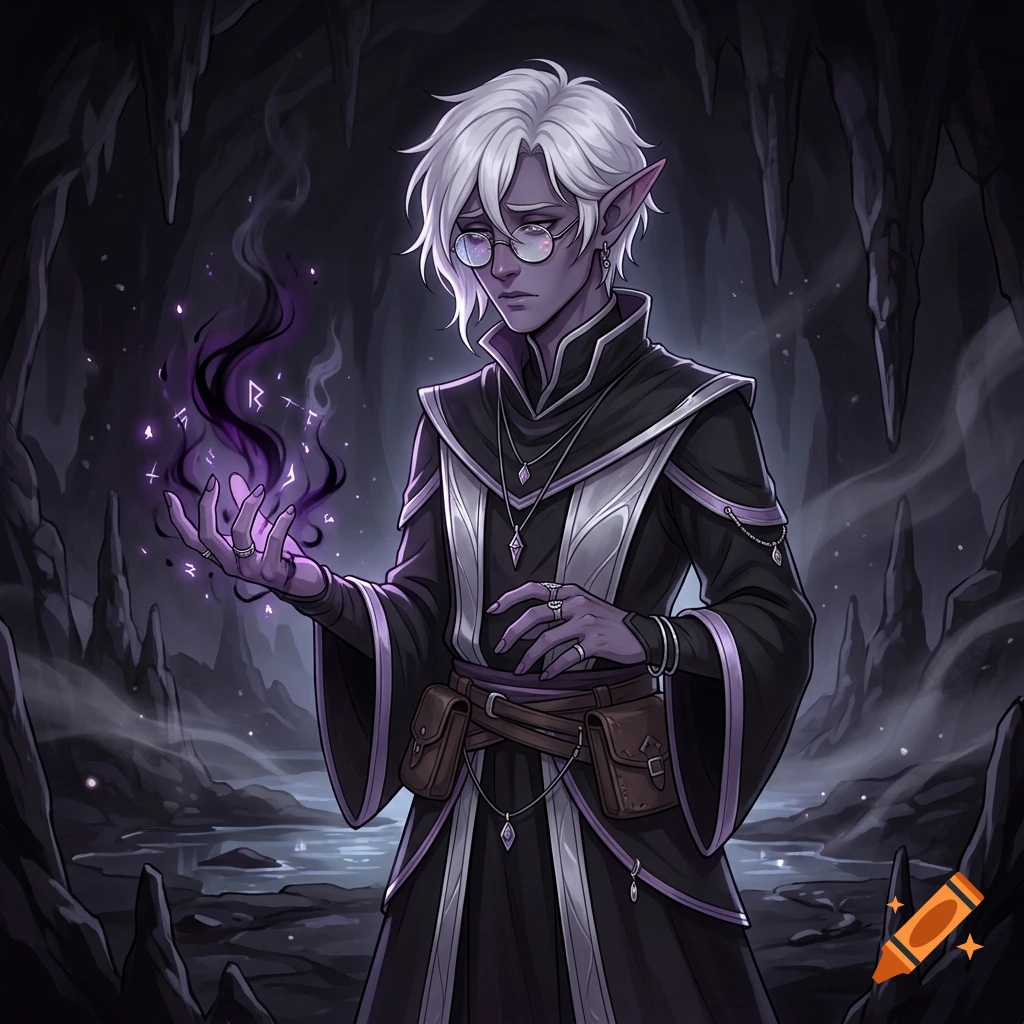 Fantasy anime illustration of a purple-skinned dark elf male casting black magic in a cavern.