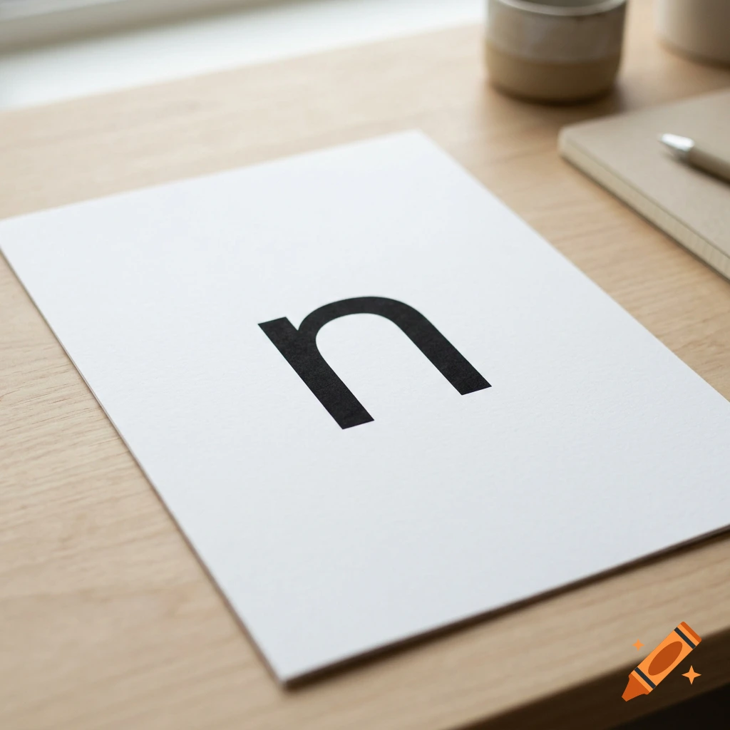 Close-up photorealistic shot of a single lowercase letter 'n' printed centrally on a piece of white paper resting on a wooden desk.