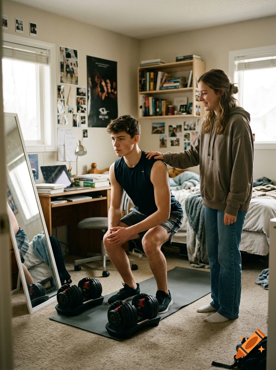 Teenage boy doing squats in a bedroom with dumbbells, supervised by a smiling girl standing nearby.