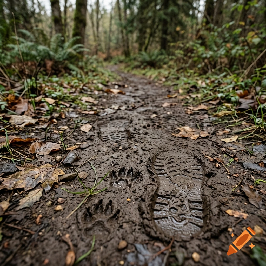 Photorealistic close-up of muddy hiking trail showing boot prints and animal paw prints in a forest.