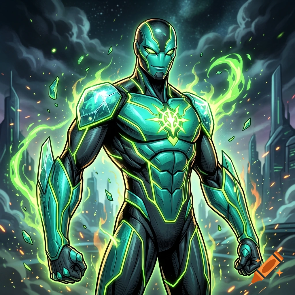 An original alien superhero with green skin, crystal armor, and glowing energy in a futuristic city.