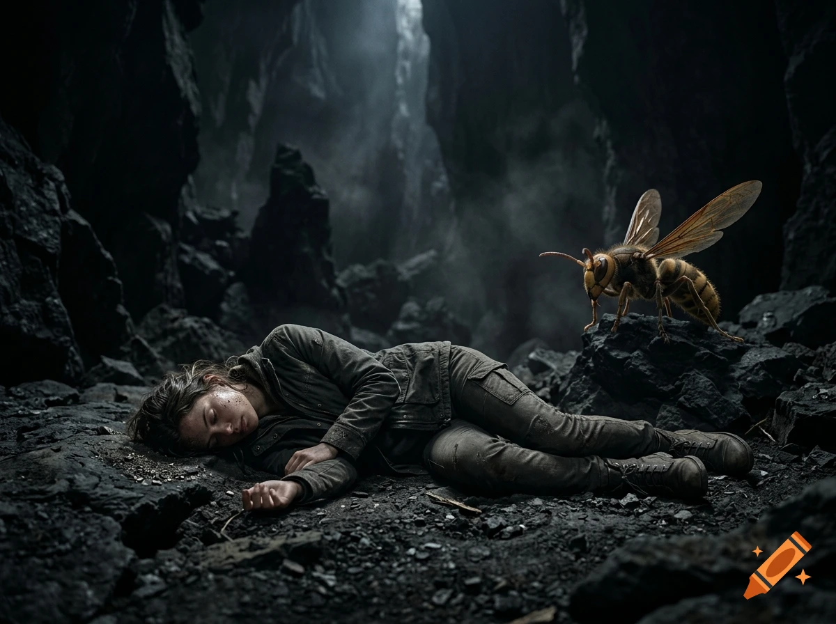 A photorealistic image of a young woman lying unconscious on rocky ground in a dark cave, while a large hornet watches closely from a nearby rock.