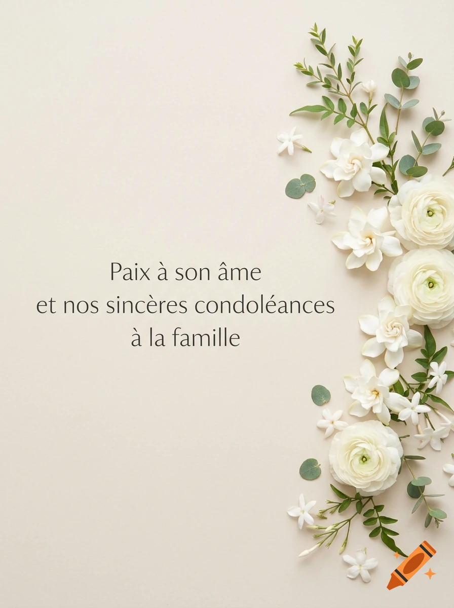 Minimalist condolence card with white flowers and green leaves on the right side and French condolence text on a beige background.
