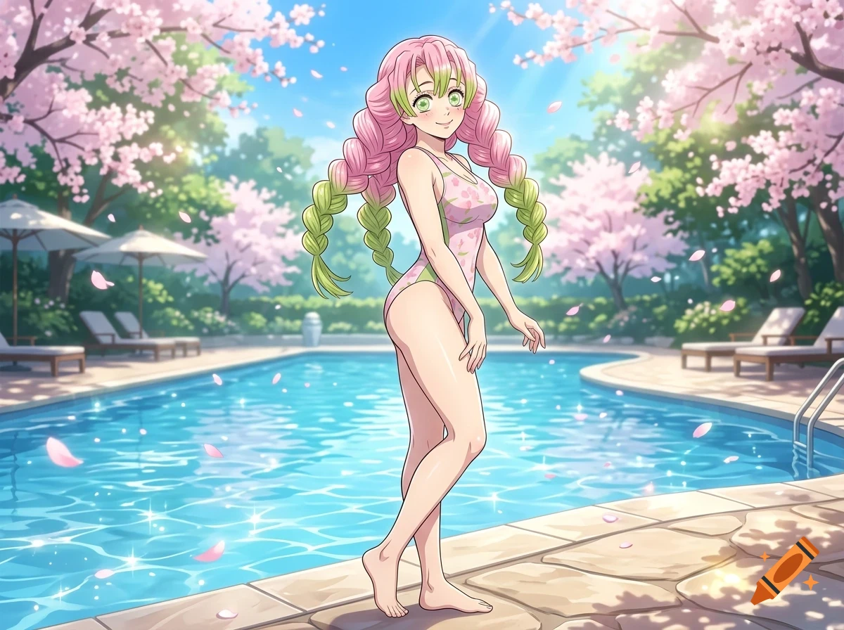 An anime-style illustration of an anime character with long pink and green braided hair wearing a pink swimsuit by a swimming pool surrounded by cherry blossom trees in full bloom.