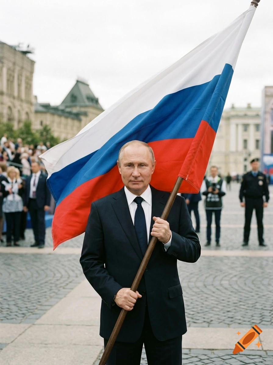 A man in a dark suit holding a large Russian flag outdoors in a public square.