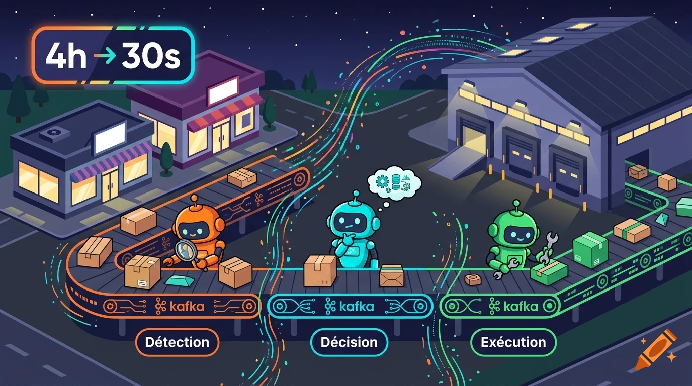 An illustrated digital artwork showing cute robots managing a package sorting and processing pipeline labeled with kafka, detection, decision, and execution steps.
