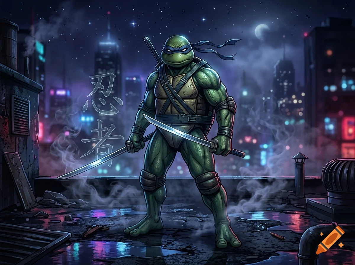 An anthropomorphic turtle ninja holding two swords stands on a wet city rooftop at night.