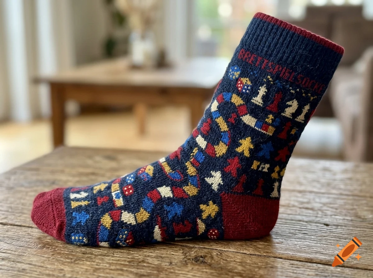 A knitted blue sock with a board game pattern, worn on a foot, resting on a wooden surface.