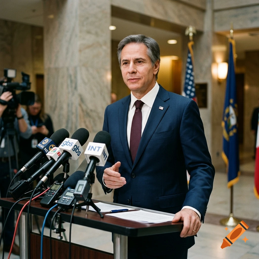 A man in a navy suit and burgundy tie stands at a podium with microphones, speaking before U.S. flags.