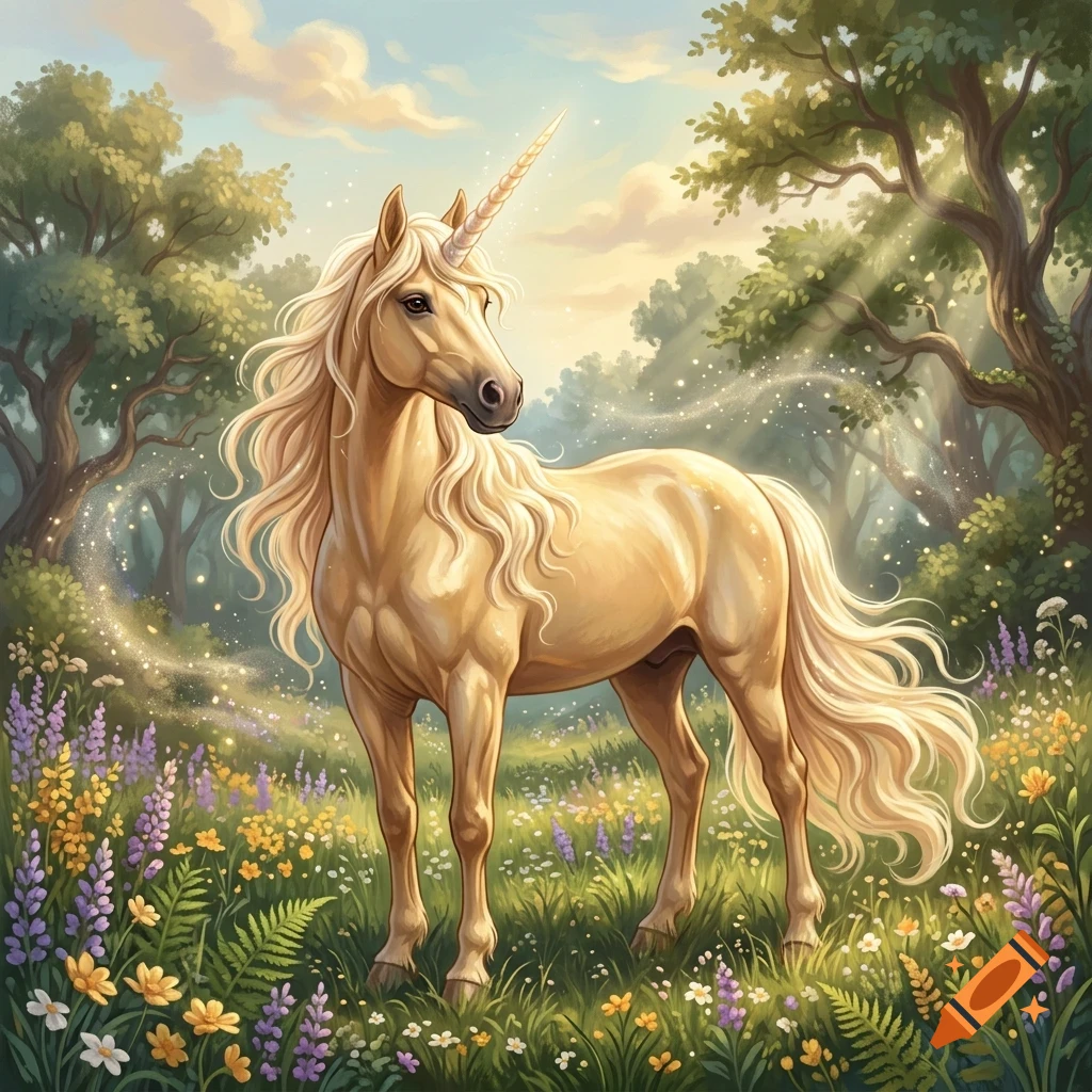A majestic golden unicorn stands in a sunlit meadow surrounded by colorful wildflowers and lush trees.