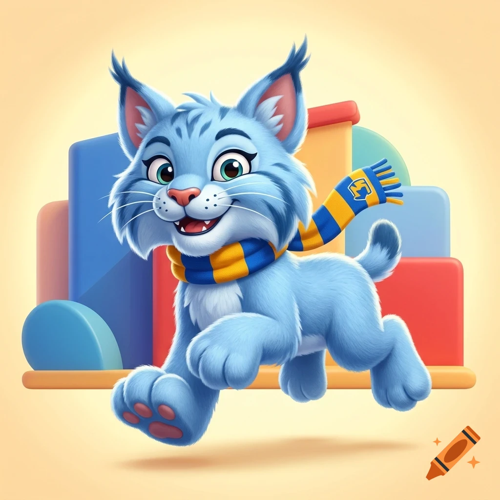 A friendly blue cat character wearing a blue and yellow striped scarf leaps happily in front of colorful geometric blocks.
