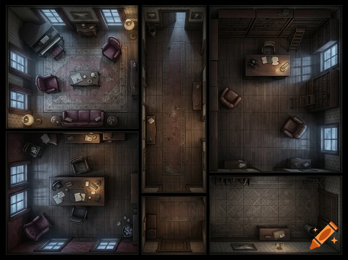An overhead view of multiple rooms in an old mansion, including a parlor with a piano, a long hallway, and a study with bookshelves.