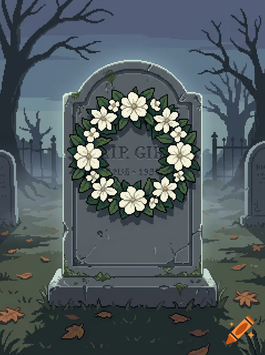 Pixel art of a tombstone adorned with a white flower wreath in a gloomy cemetery with bare trees.