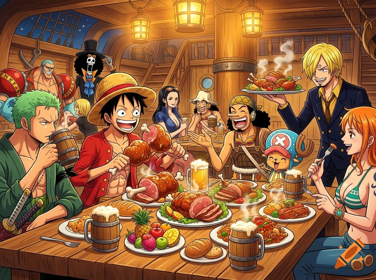 An anime illustration of the Straw Hat pirates from One Piece enjoying a large feast together inside a wooden ship cabin.