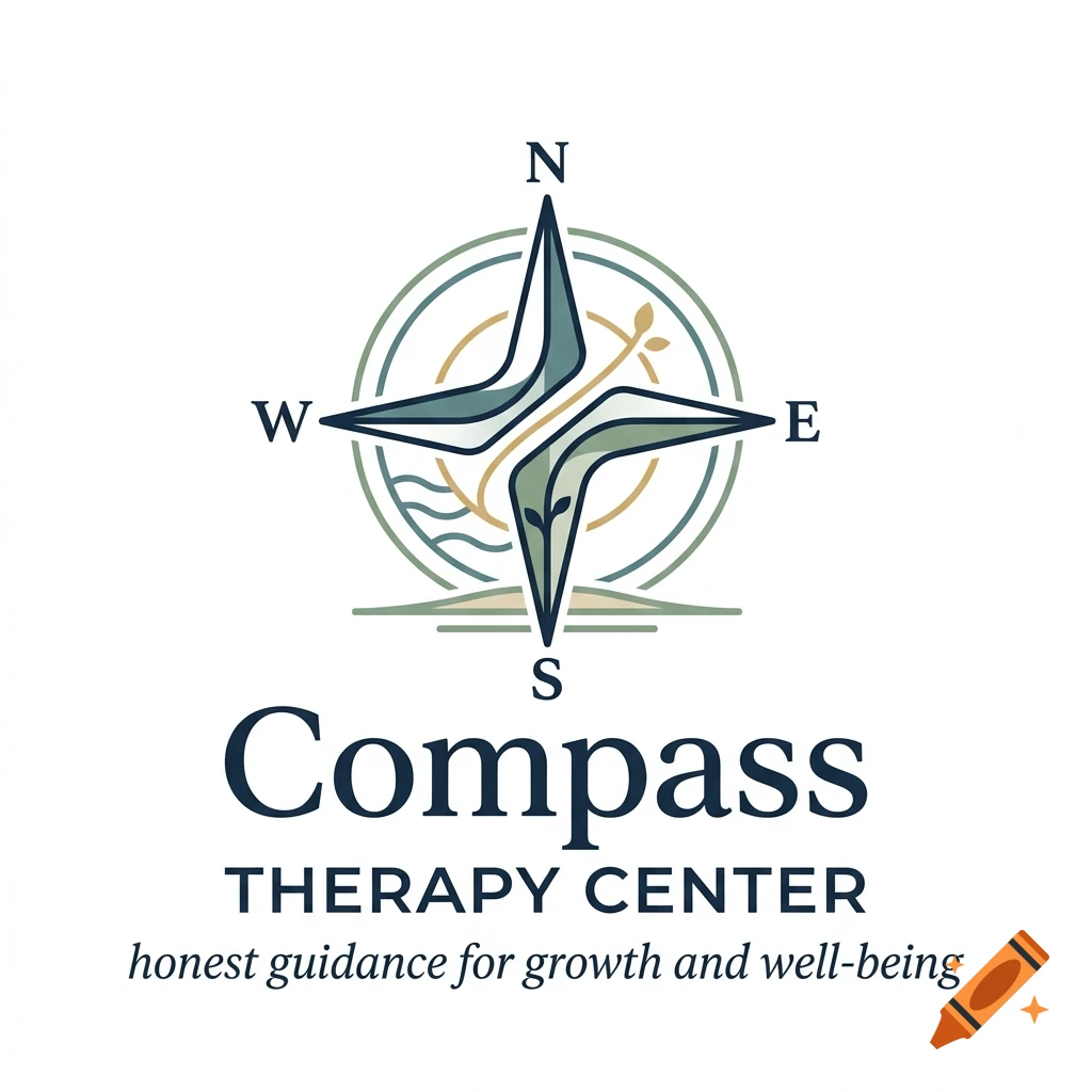 Compass therapy center logo featuring a stylized compass rose with N, E, W, S cardinal directions and text below.