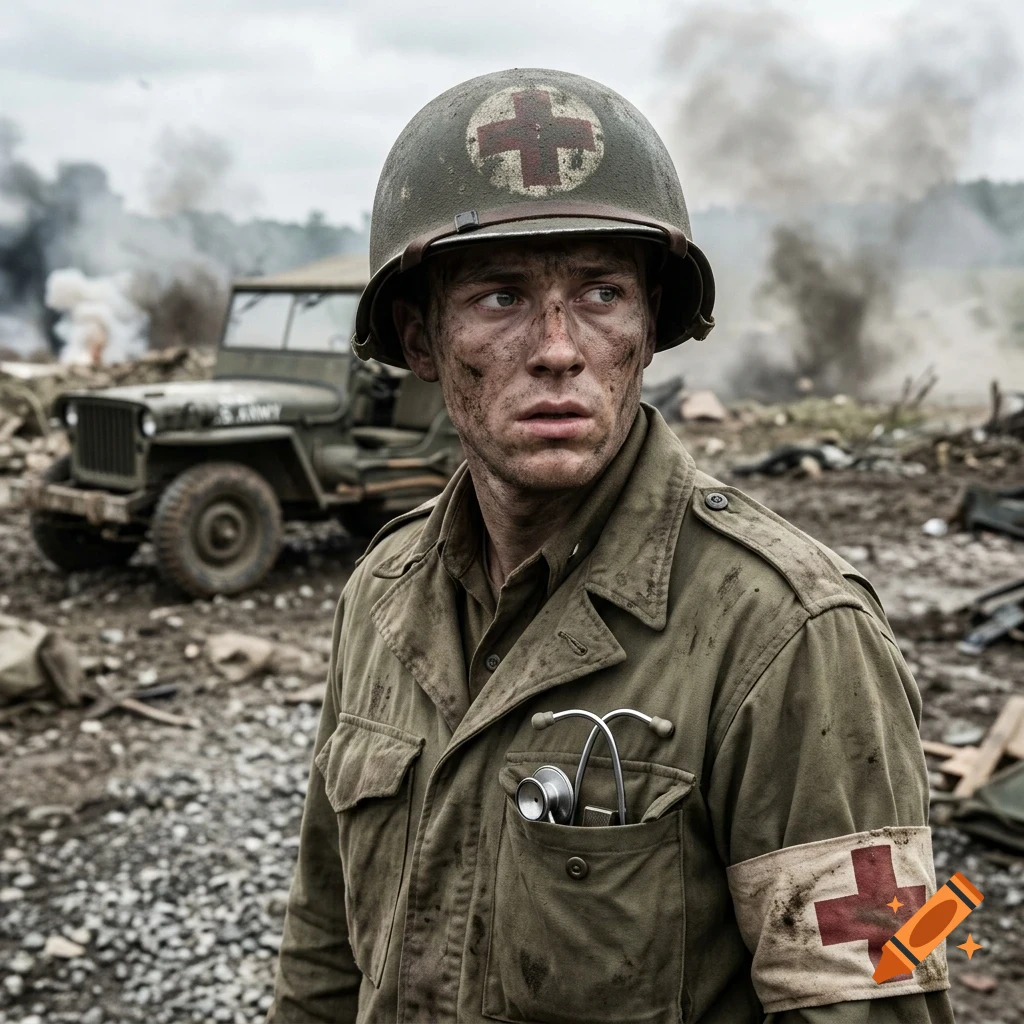 A close-up photograph of a World War II combat medic in a war zone, wearing a helmet with a red cross, a military jacket, and a stethoscope in his pocket.