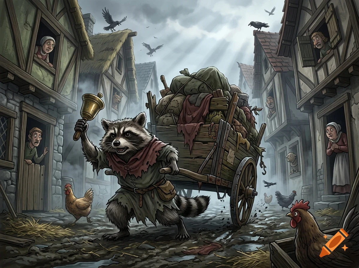 An anthropomorphic raccoon pulls a wooden cart loaded with sacks through a medieval village street while ringing a bell, as alarmed villagers and chickens watch from half-timbered houses.