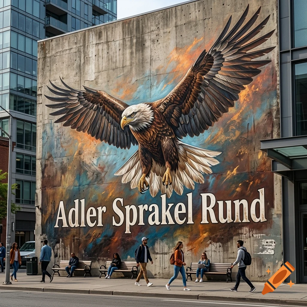 A large mural of a flying eagle with the text 'Adler Sprakel Rund' on a concrete building wall, with people walking on the sidewalk below.